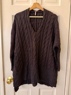 Free People Oversized Cable Knit V-Neck Black Cotton Sweater